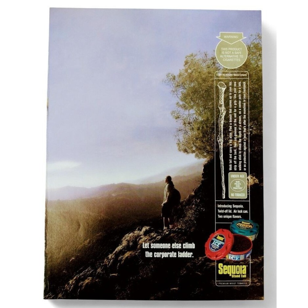 2001 Sequoia Tobacco Print Ad Page Y2K Man Climb Wilderness vs Corporate Ladder